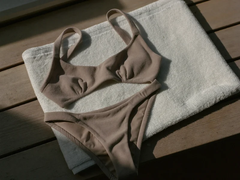Bikinisæt ordnet på lyst træ ved siden af et foldet håndklæde