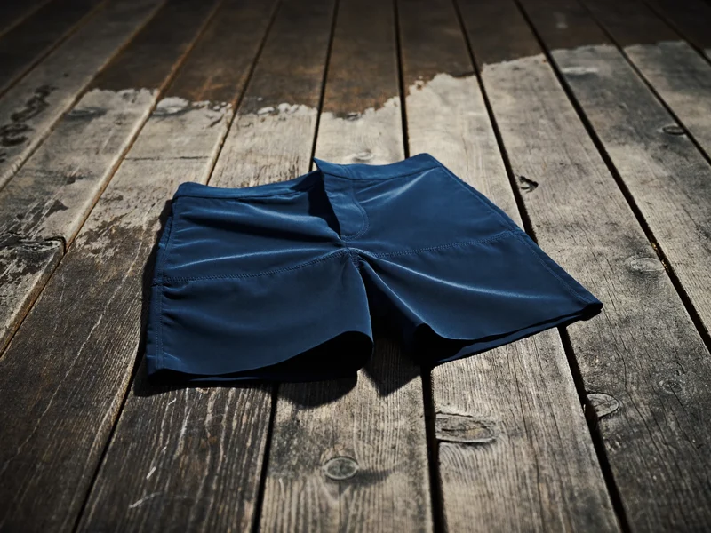 Mørkeblå badeshorts foldet på udtørrede planker på en badebro